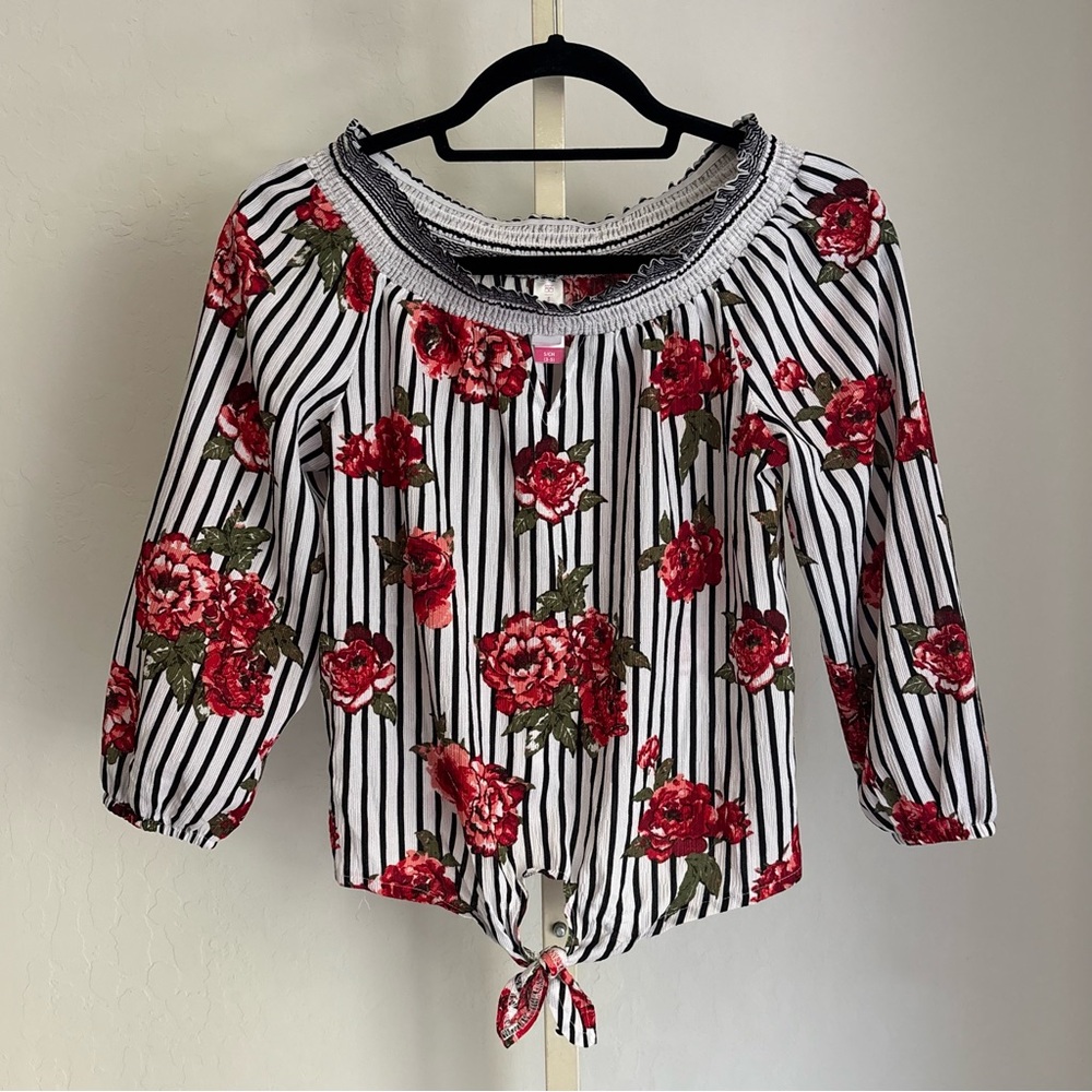 No Boundaries Striped Floral Smocked Off-Shoulder Tie Front Top